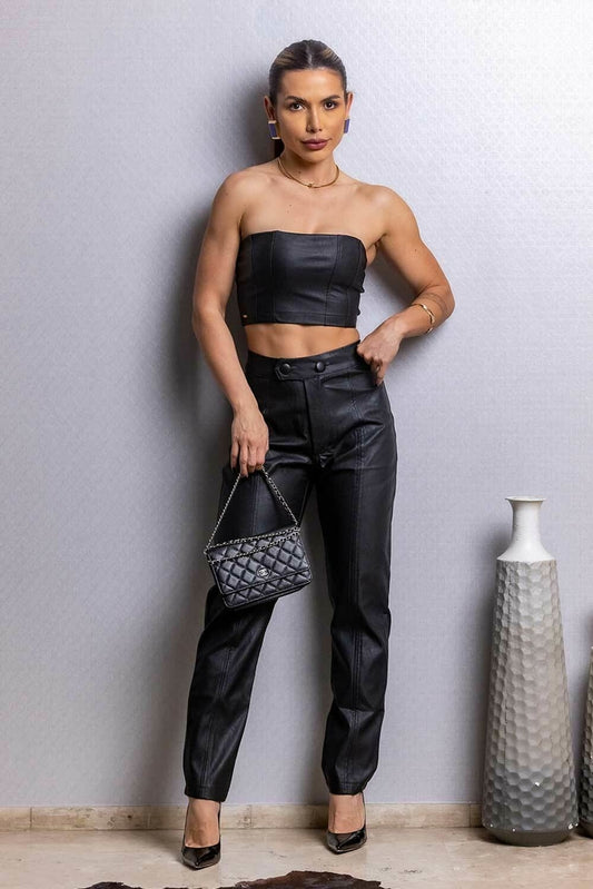 Top Cropped Preto Couro Frysaide