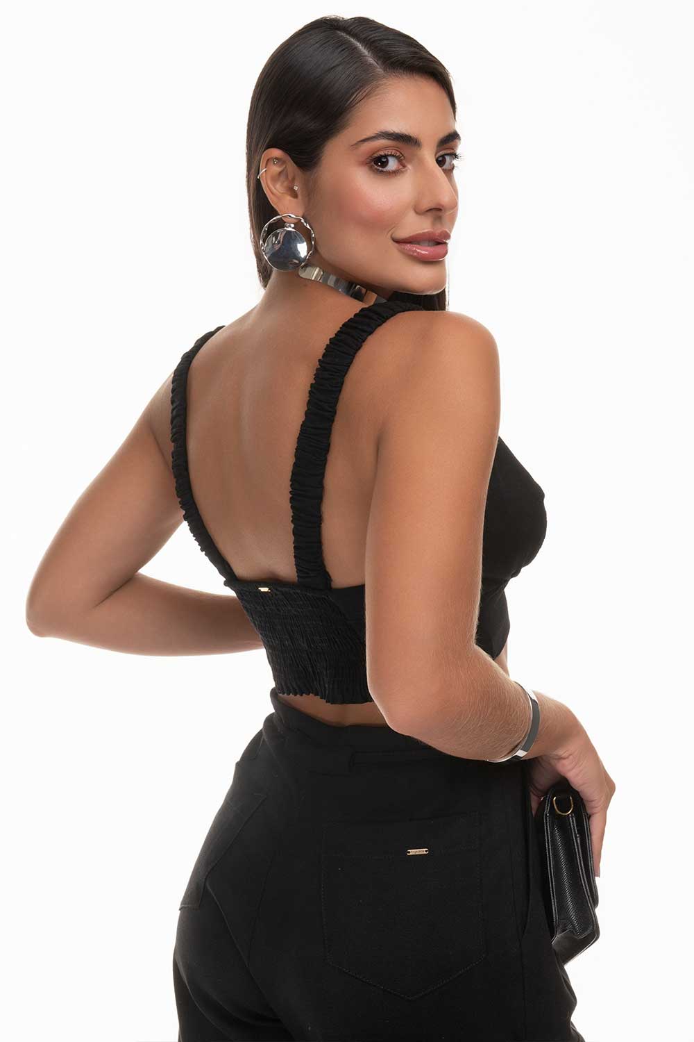 Top Cropped Preto Decote V Frysaide