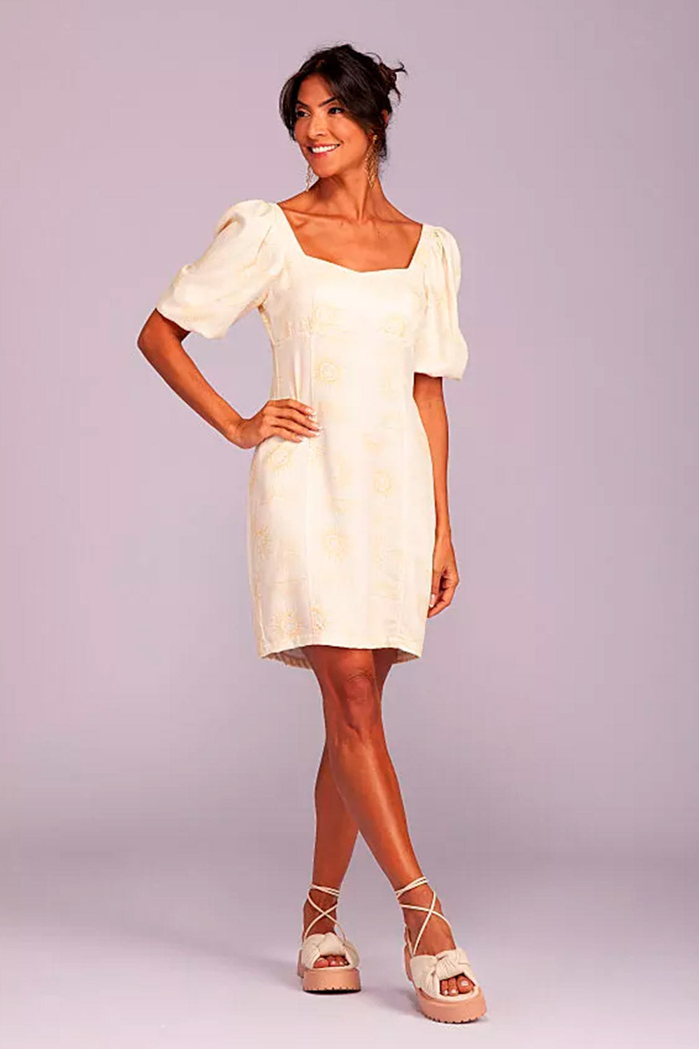 Vestido Curto Flô Maria Estampado Mangas