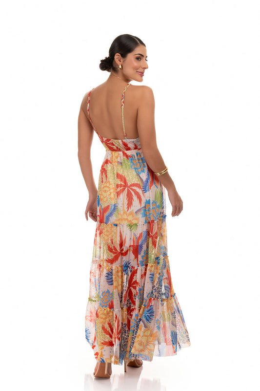 Vestido De Tule Estampa Jardim Tropical Estampado Frysaide
