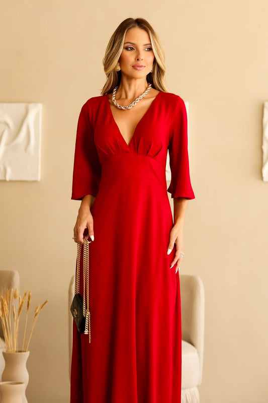 Vestido De Viscose Com Decote Vermelho Frysaide