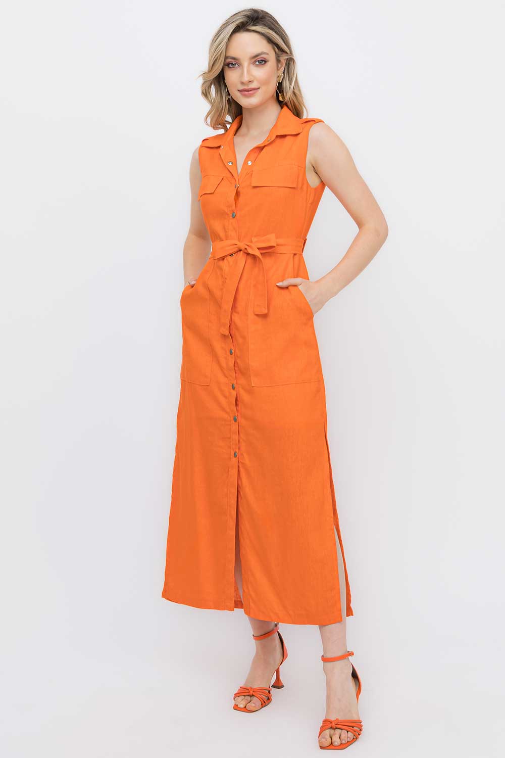 Vestido Linho Botões Pressão Laranja Frysaide