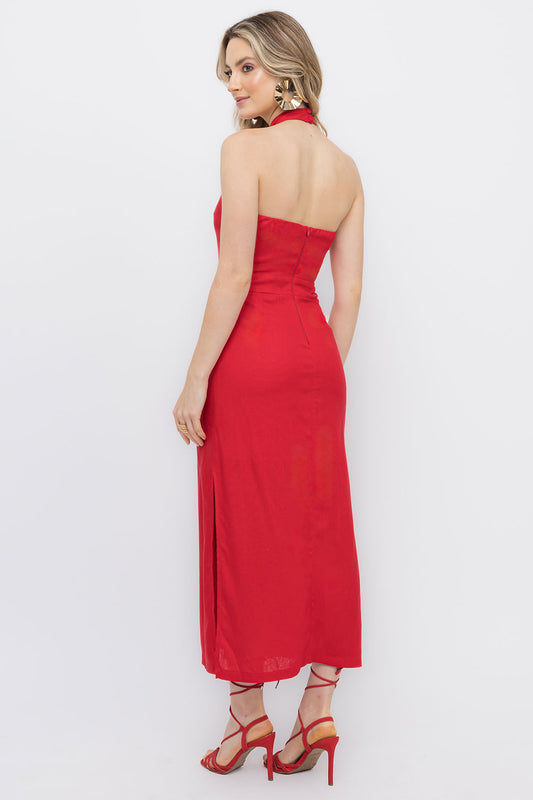 Vestido Linho Vermelho Frente Única Frysaide