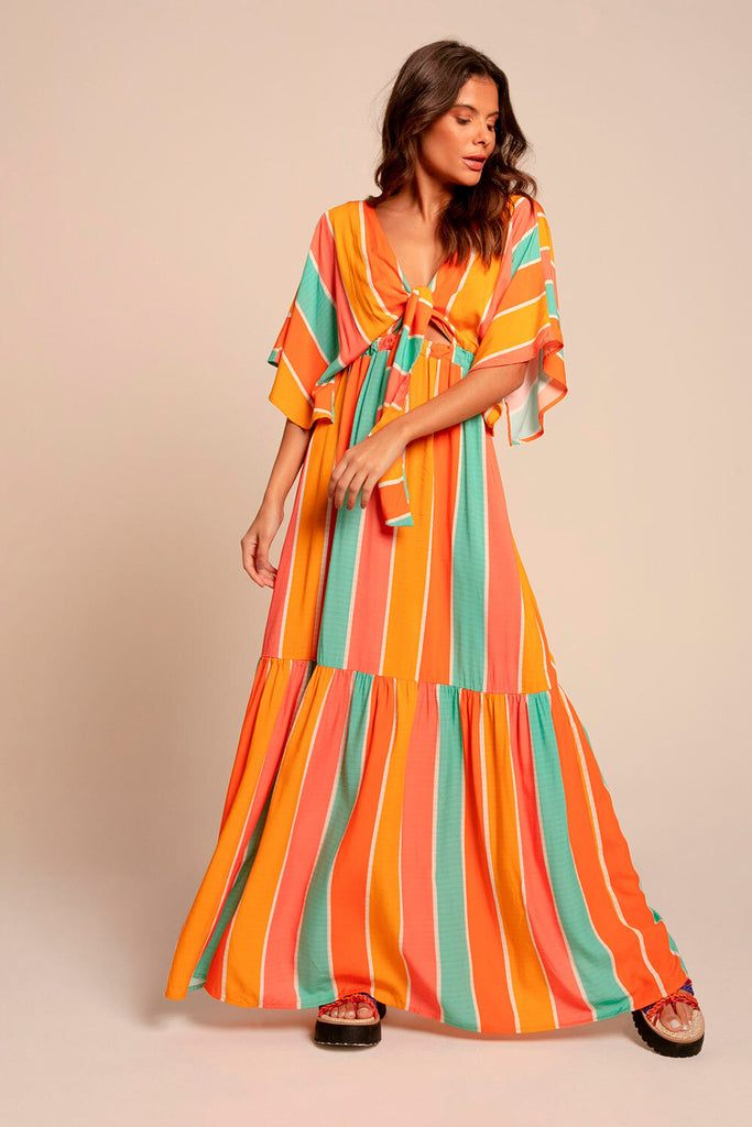 Vestido Longo Estampa Listra Colorê Flô Maria