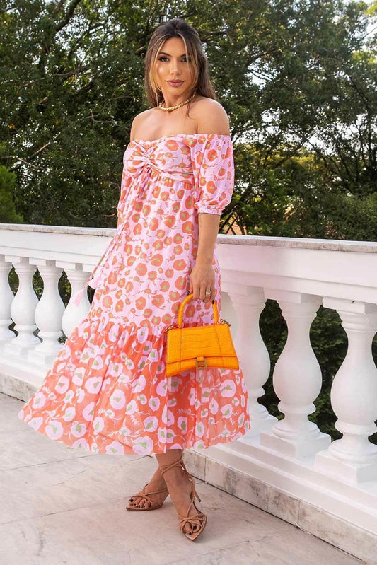 Vestido Midi Em Tule Ombro A Ombro Estampado Frysaide