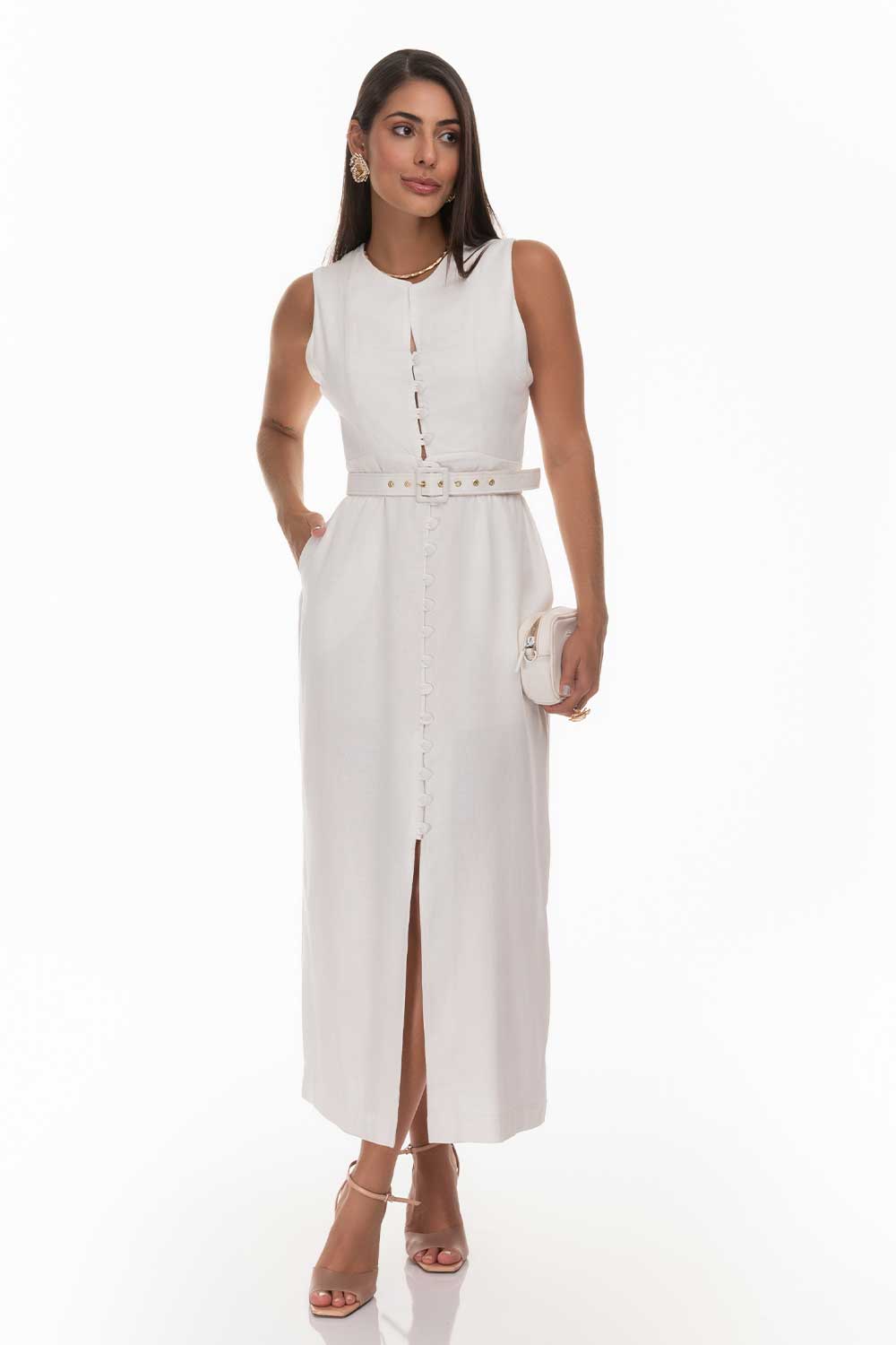 Vestido Midi Off White Linho Frysaide