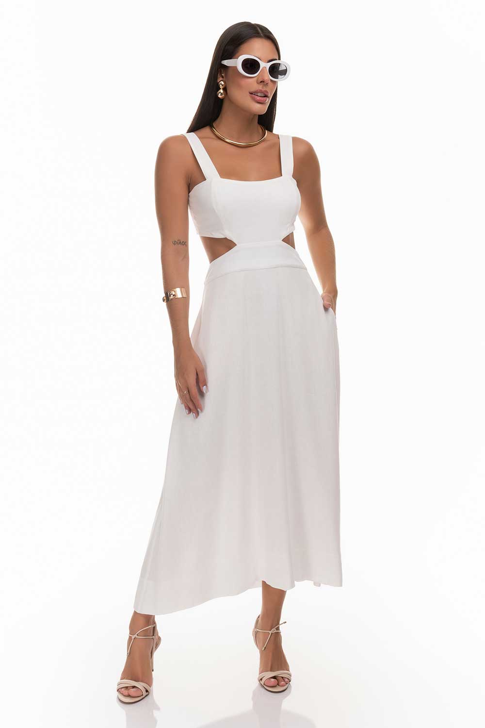 Vestido Midi Off White Recorte Frysaide