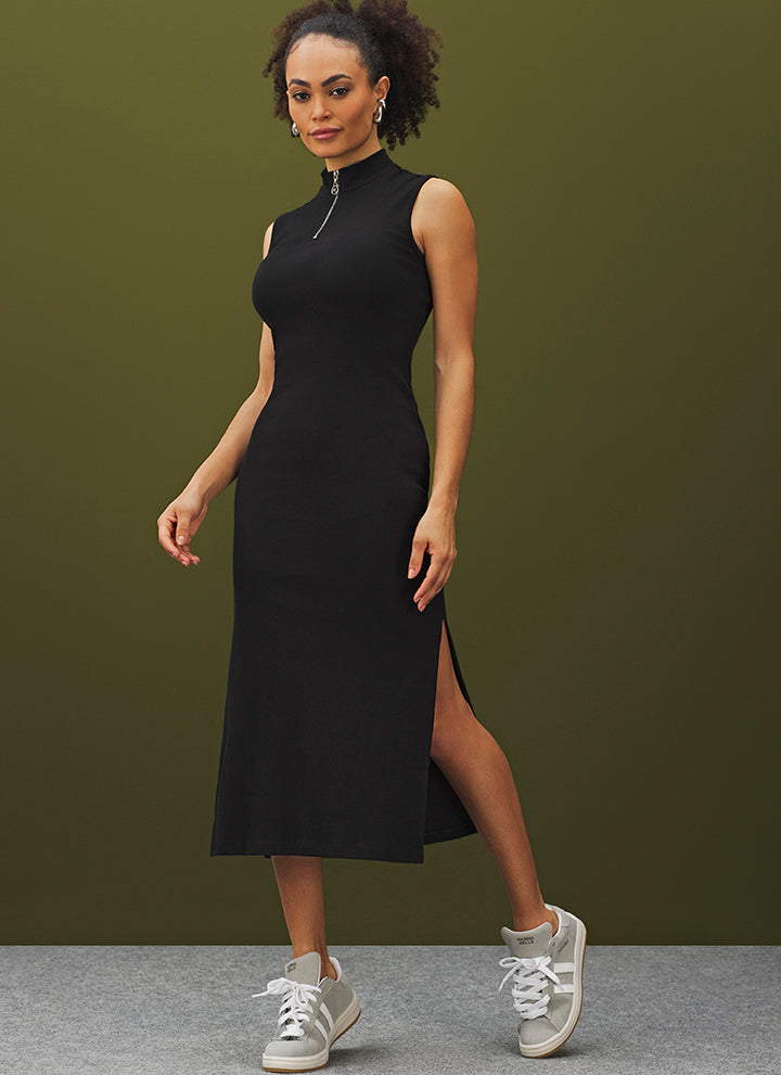 Vestido Midi Zíper Decote Preto Meia Loka