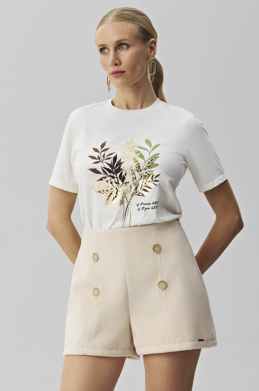 Short Meia Loka Bege Botões Laterais Cintura Alta