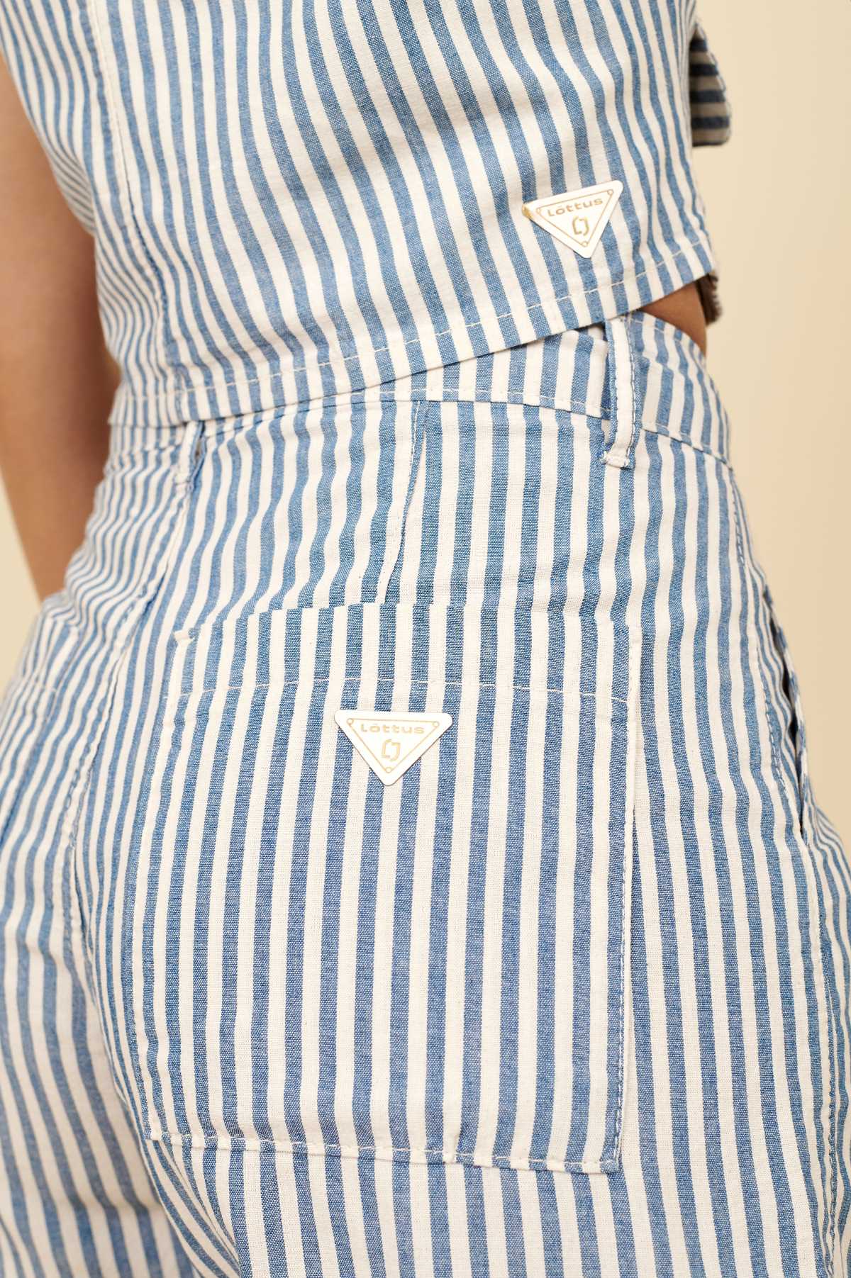 Short Alfaiataria Lottus Azul Listrado Cintura Alta
