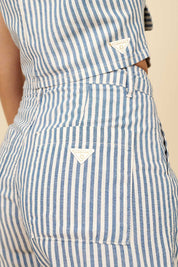 Short Alfaiataria Lottus Azul Listrado Cintura Alta