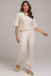 Blusa De Linho Natural Com Abotoamento Nas Mangas Frysaide