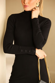 Vestido Canelado Preto Frysaide Botões Nas Mangas