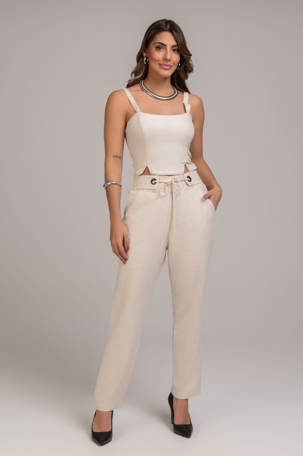 Cropped Frysaide Linho Natural Alças Largas