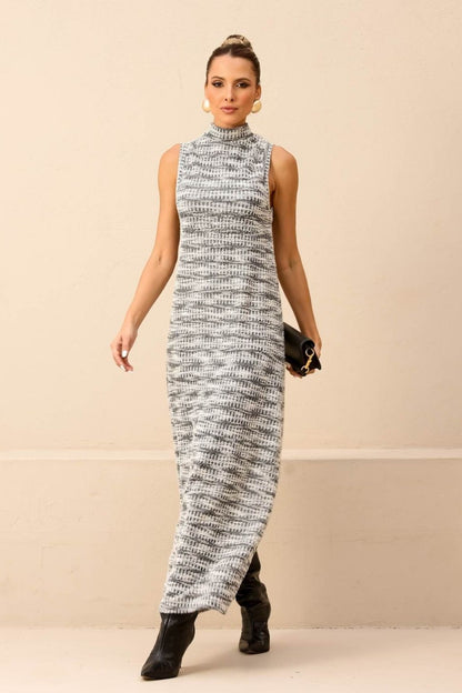 Vestido Longuete Tweed Preto E Prata Gola Alta Frysaide