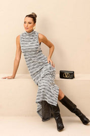 Vestido Longuete Tweed Preto E Prata Gola Alta Frysaide