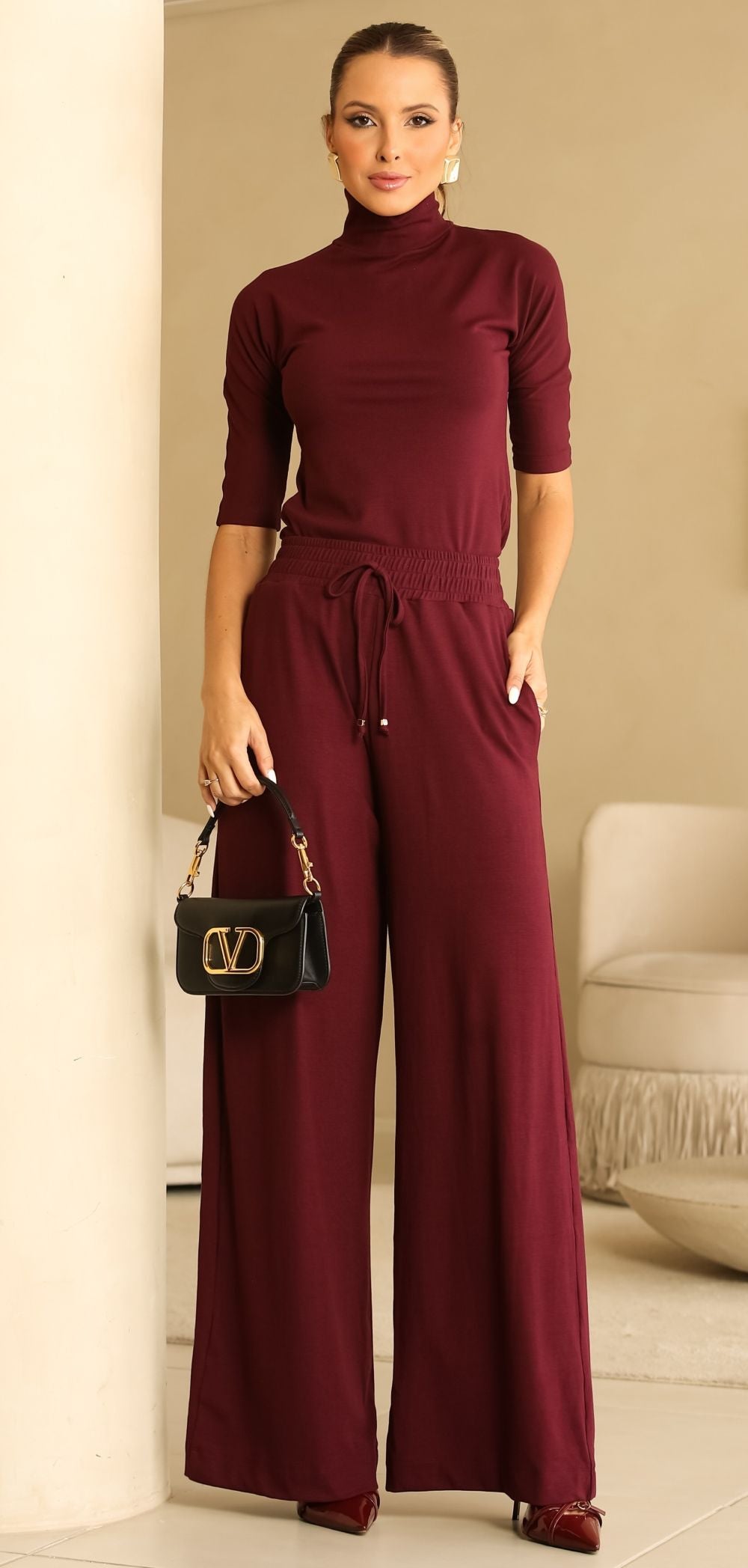 Calça Trico Vinho Cos Elastico Frysaide