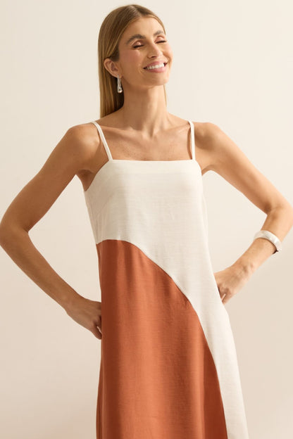 Vestido Longo Flo Maria Off White Bicolor Recorte