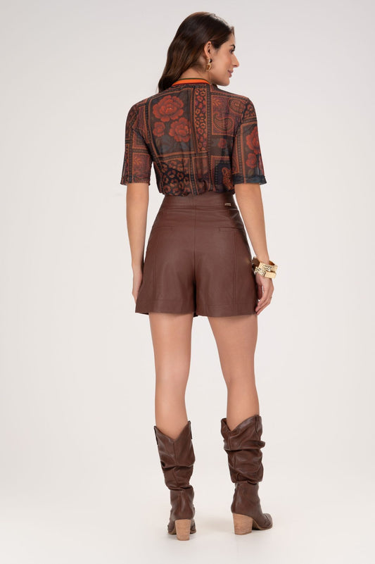 Blusa Tule Frysaide Estampada Gola Careca Ajustada