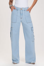 Calça Jeans Wide Leg Frysaide Azul Clara Cargo