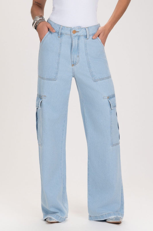Calça Jeans Wide Leg Frysaide Azul Clara Cargo