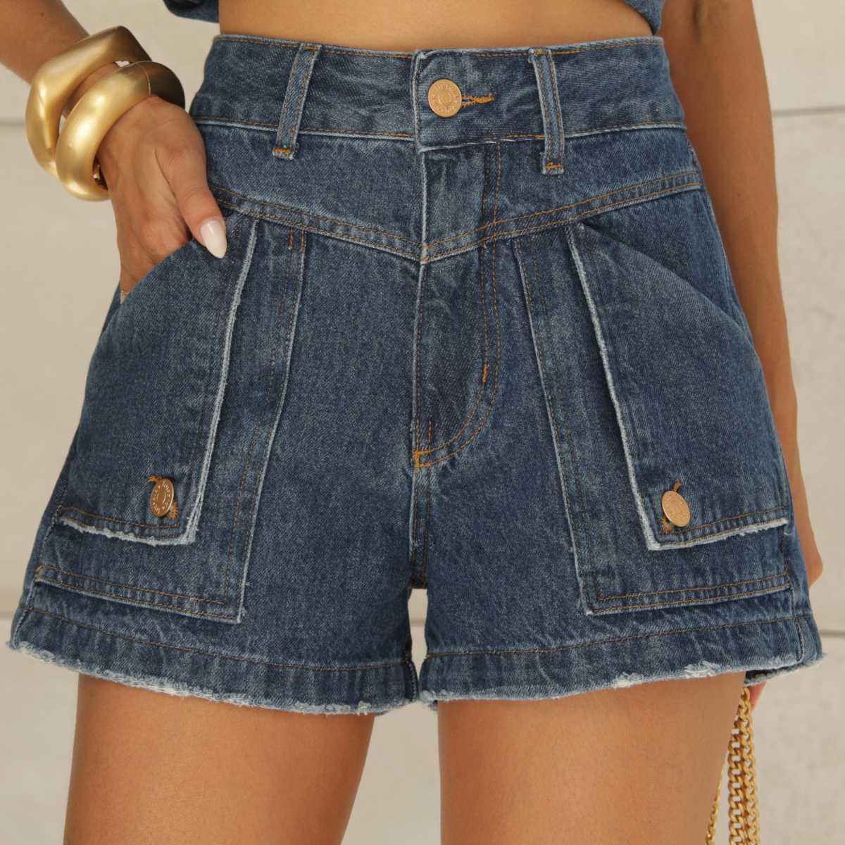 Short Jeans Mom Frysaide Azul Cintura Alta