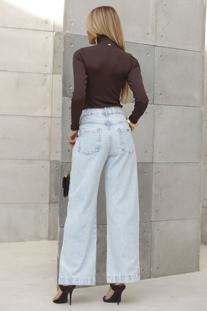 Calça Jeans Wide Leg Frysaide Azul Clara Fenda