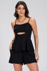 Short Linho Frysaide Preto Cintura Alta Babado