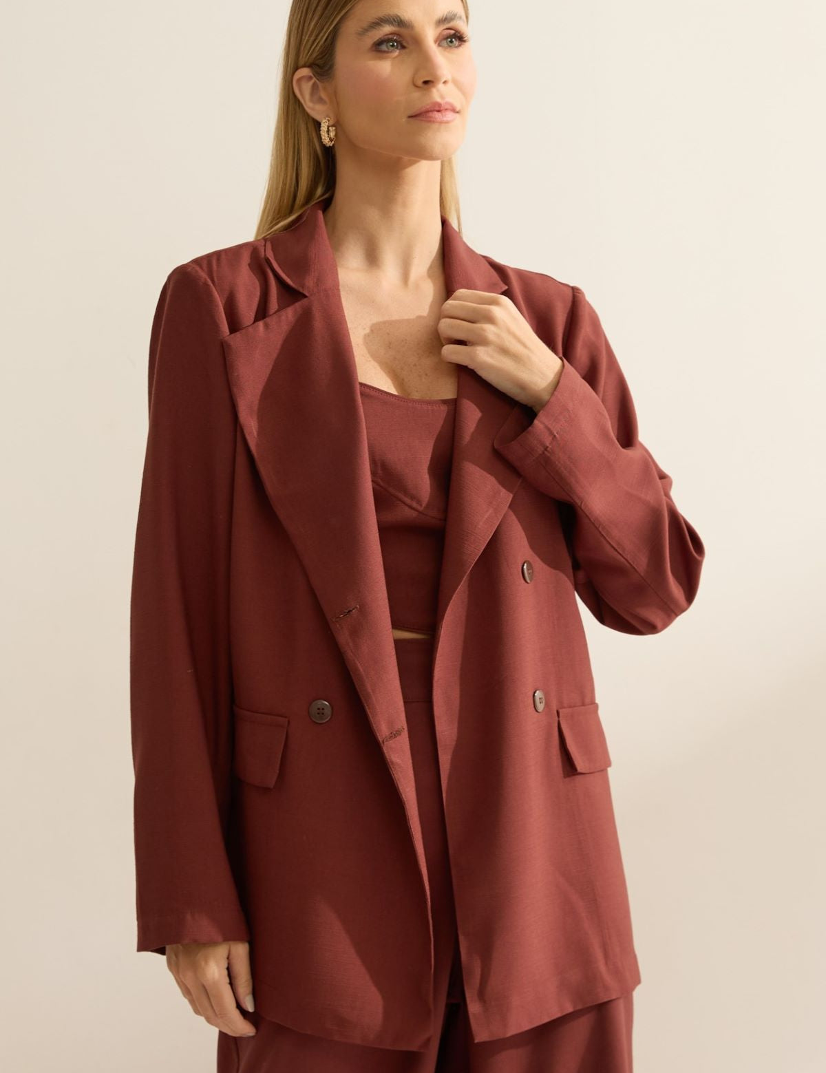 Blazer Flo Maria Marrom Transpassado Alongado