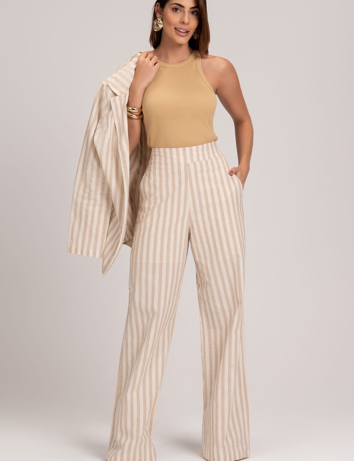 Blazer Frysaide Off White Listrado Linho