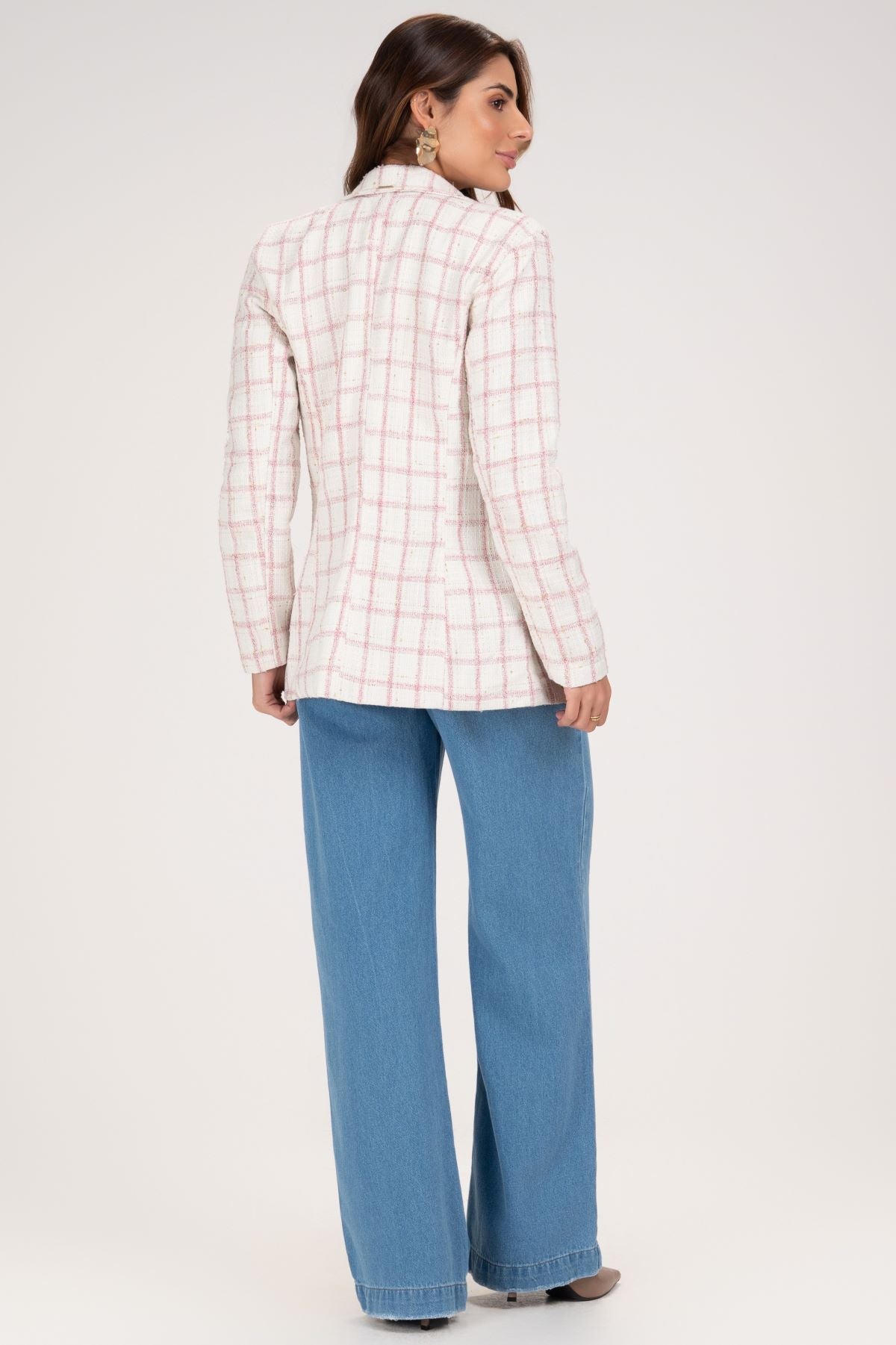 Blazer Frysaide Off White Tweed Xadrez Botões Dourados