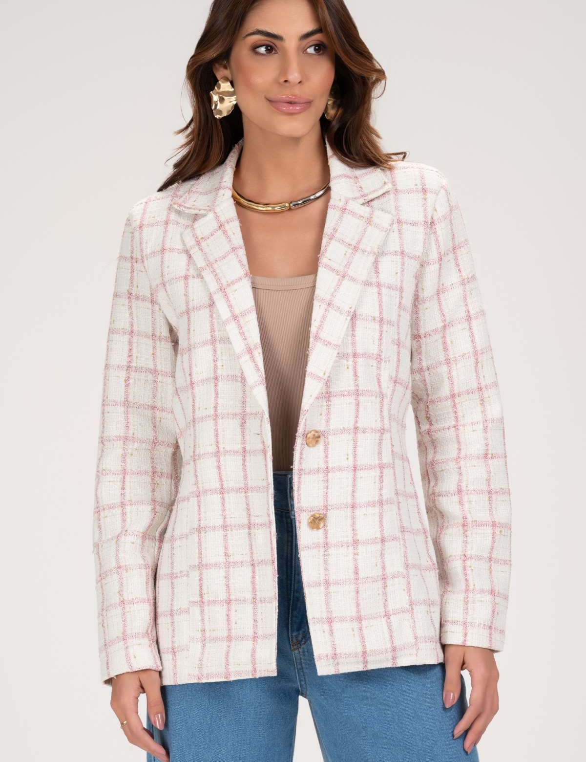 Blazer Frysaide Off White Tweed Xadrez Botões Dourados