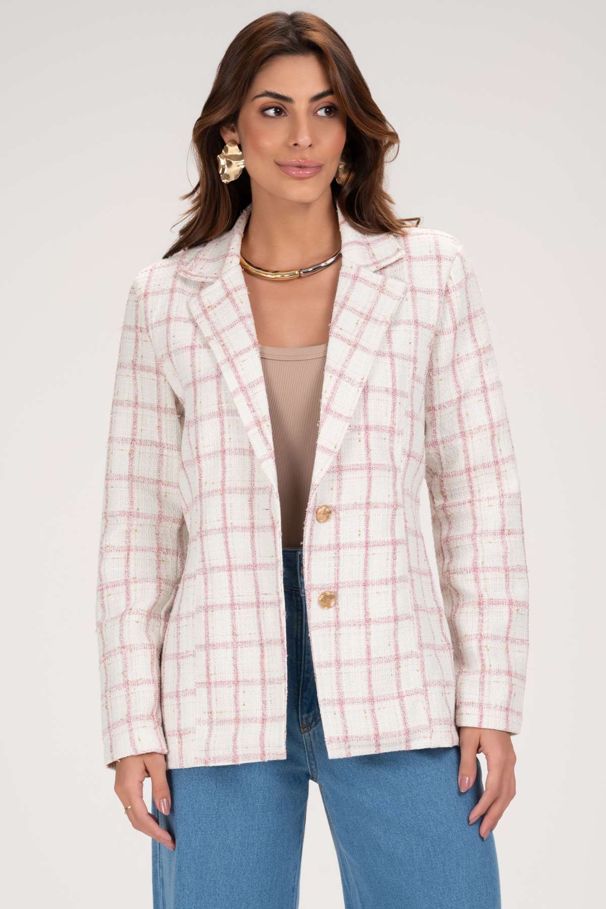 Blazer Frysaide Off White Tweed Xadrez Botões Dourados