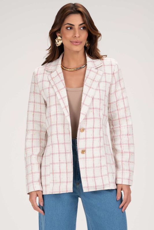Blazer Frysaide Off White Tweed Xadrez Botões Dourados