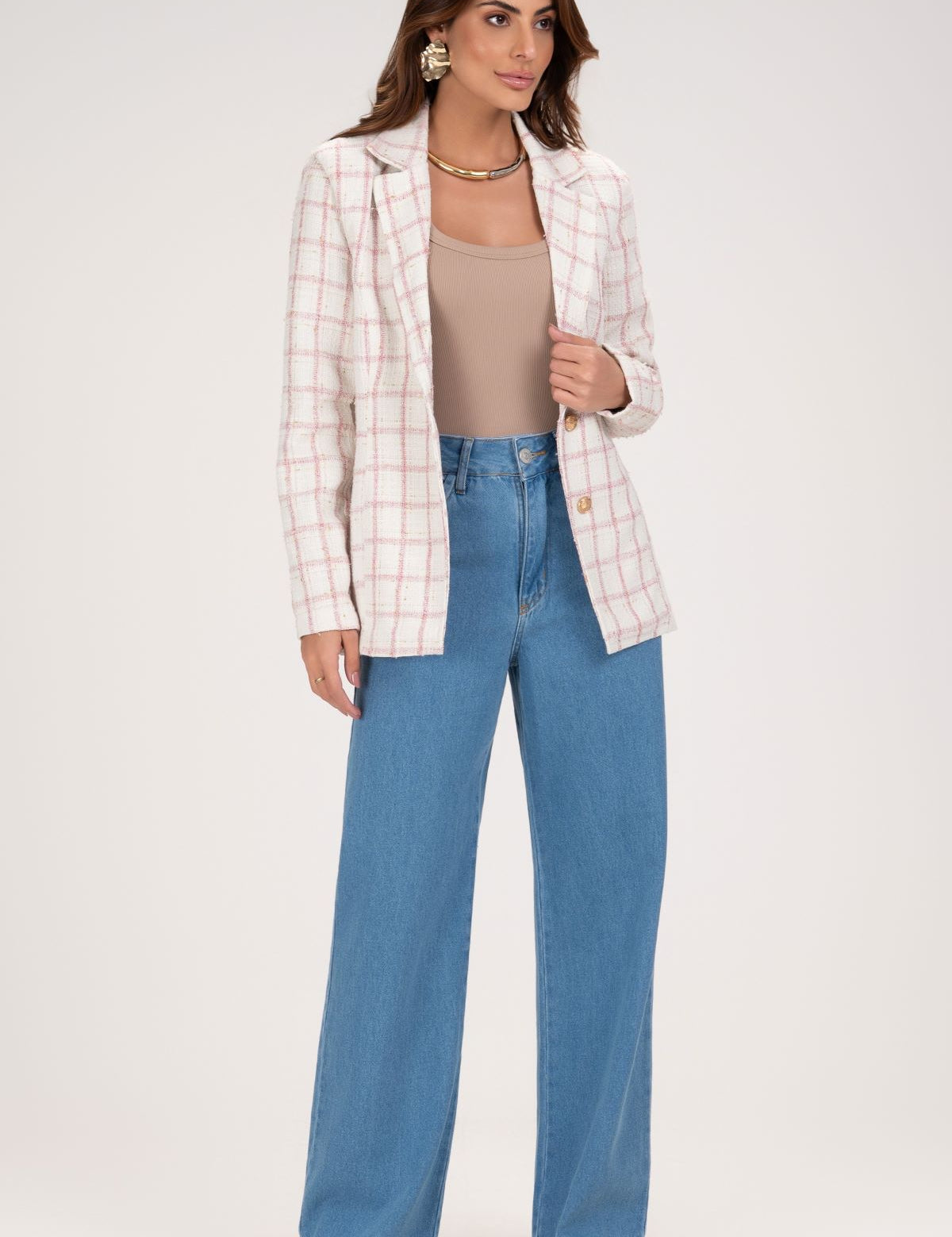 Blazer Frysaide Off White Tweed Xadrez Botões Dourados