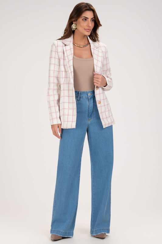 Blazer Frysaide Off White Tweed Xadrez Botões Dourados