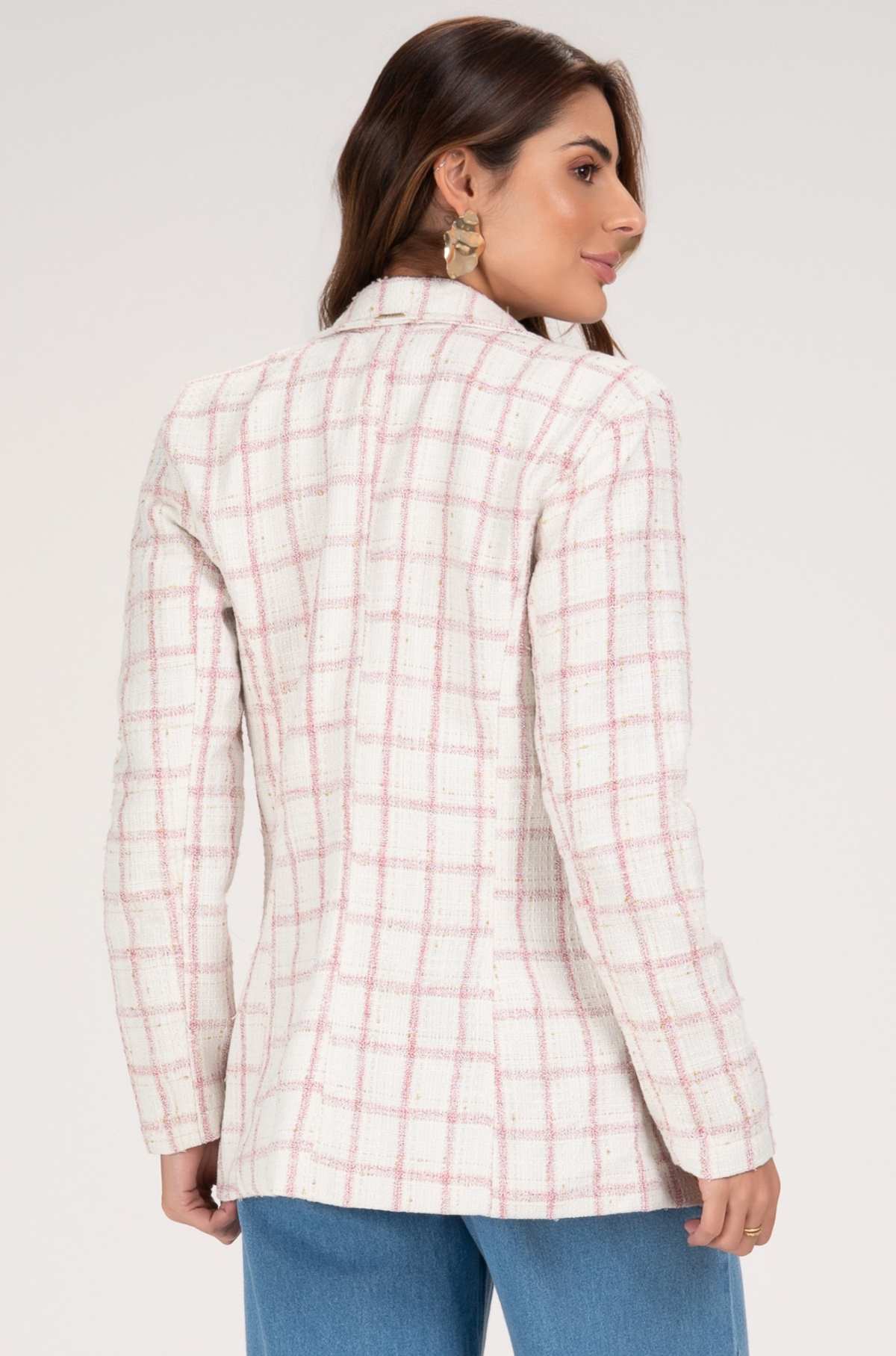 Blazer Frysaide Off White Tweed Xadrez Botões Dourados