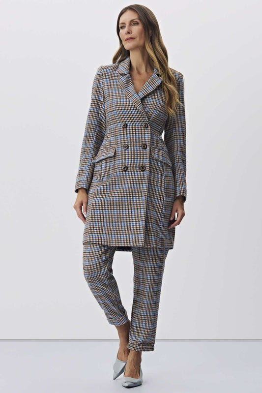 Blazer Meia Loka Bege Xadrez Botões Transpassê