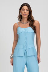 Blusa Alongada Azul Com Lapelas Frysaide