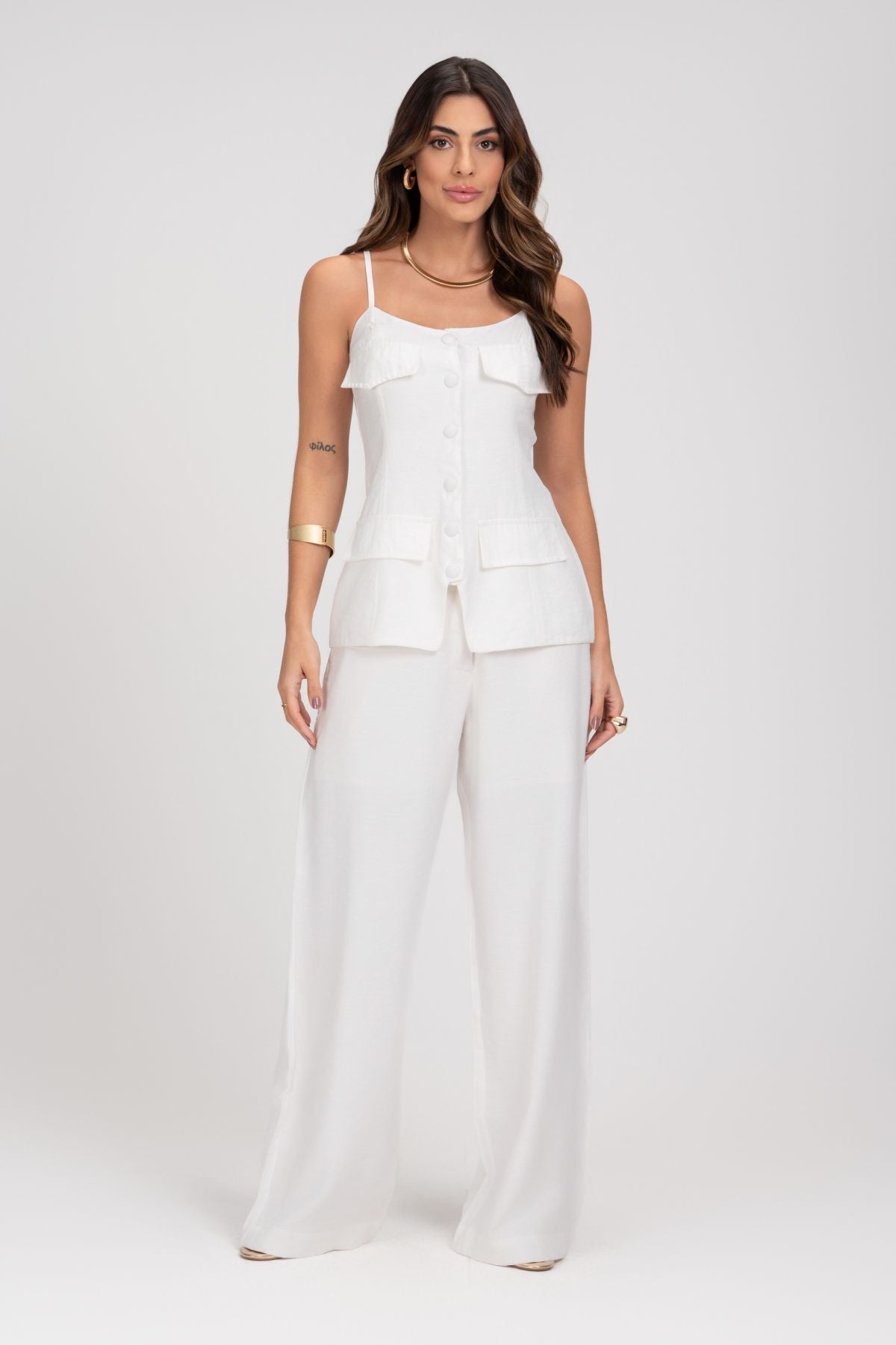 Blusa Alongada Off White Com Lapelas Frysaide