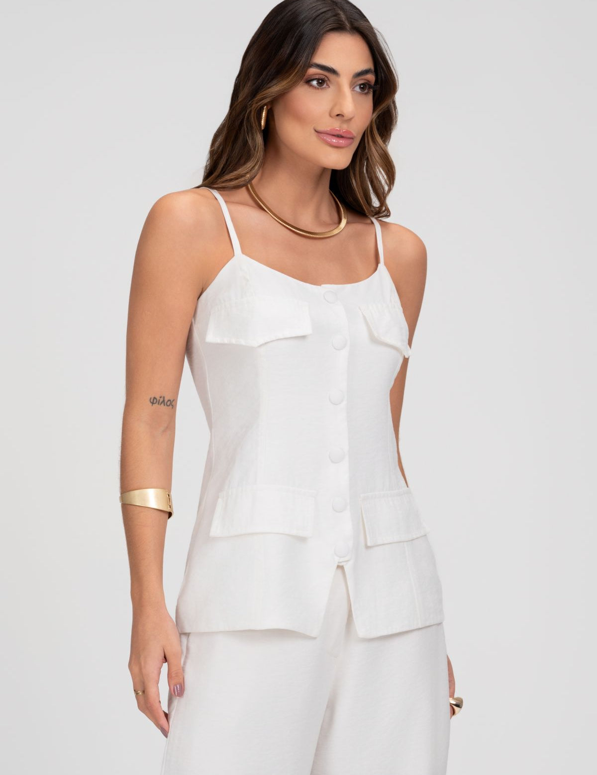 Blusa Alongada Off White Com Lapelas Frysaide
