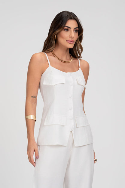 Blusa Alongada Off White Com Lapelas Frysaide