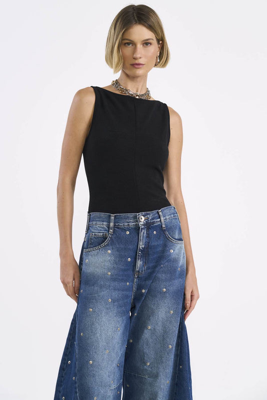 Blusa Colcci Preta Gola Alta Costura Aparente