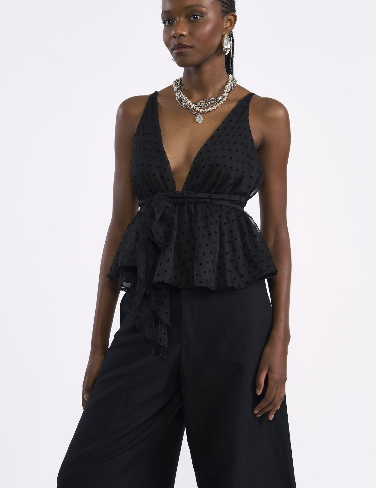 Blusa Colcci Preta Peplum Poá Alças Finas