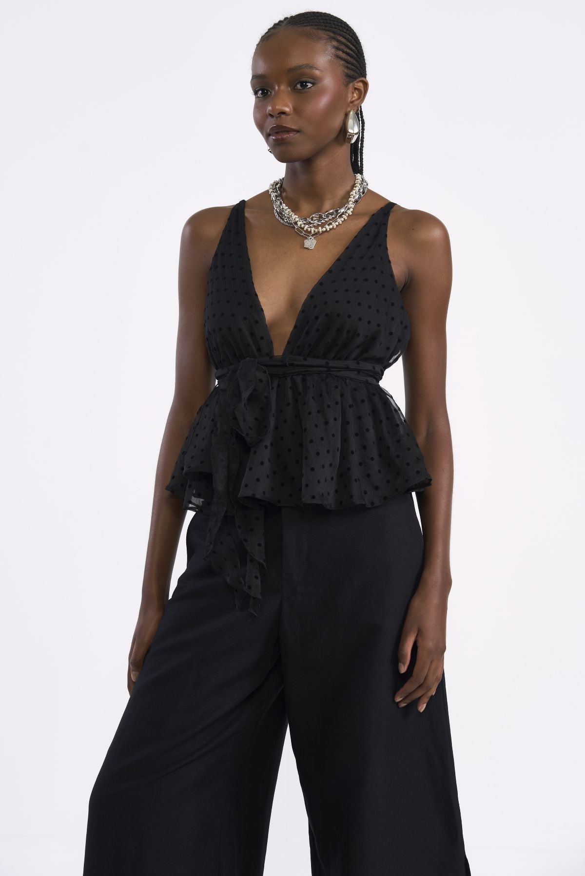 Blusa Colcci Preta Peplum Poá Alças Finas