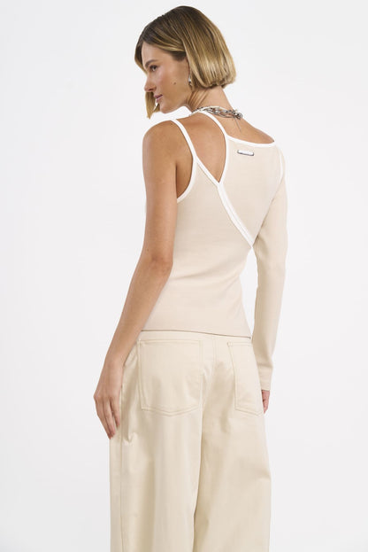 Blusa Colcci Taupe Um Ombro Viés Contrastante