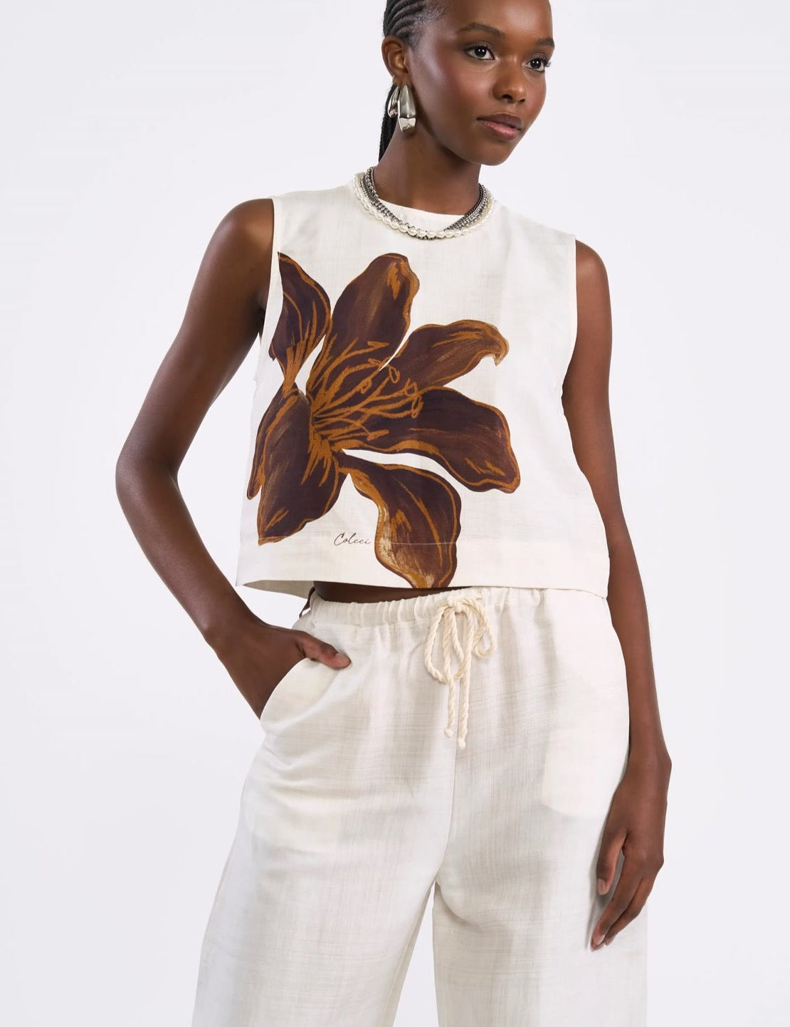 Blusa Cropped Colcci Off White Estampa Floral Linho