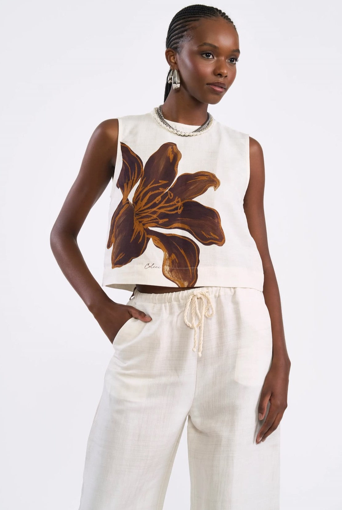 Blusa Cropped Colcci Off White Estampa Floral Linho