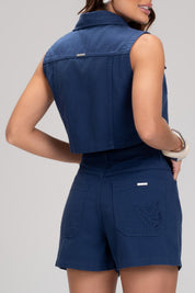 Blusa Cropped Frysaide Azul Gola E Botões