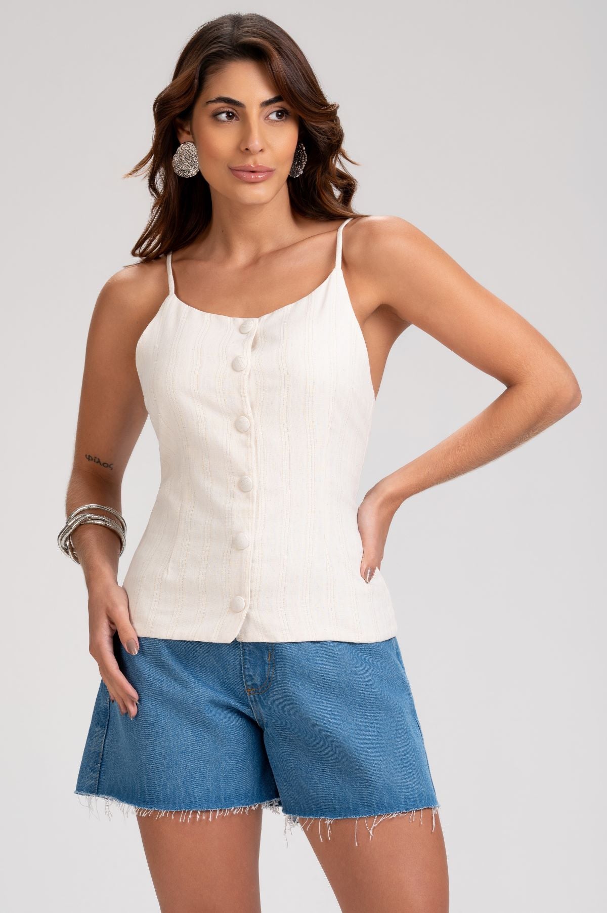Blusa Cropped Frysaide Off White Linho Fio Dourado